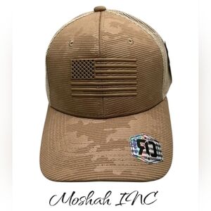 Runs Deep Tactical American Flag Trucker Hat Tan Camo Mesh Flexfit Cap NWT